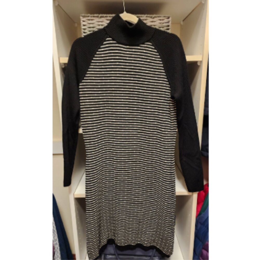 Black & White Striped Turtleneck Sweater Dress